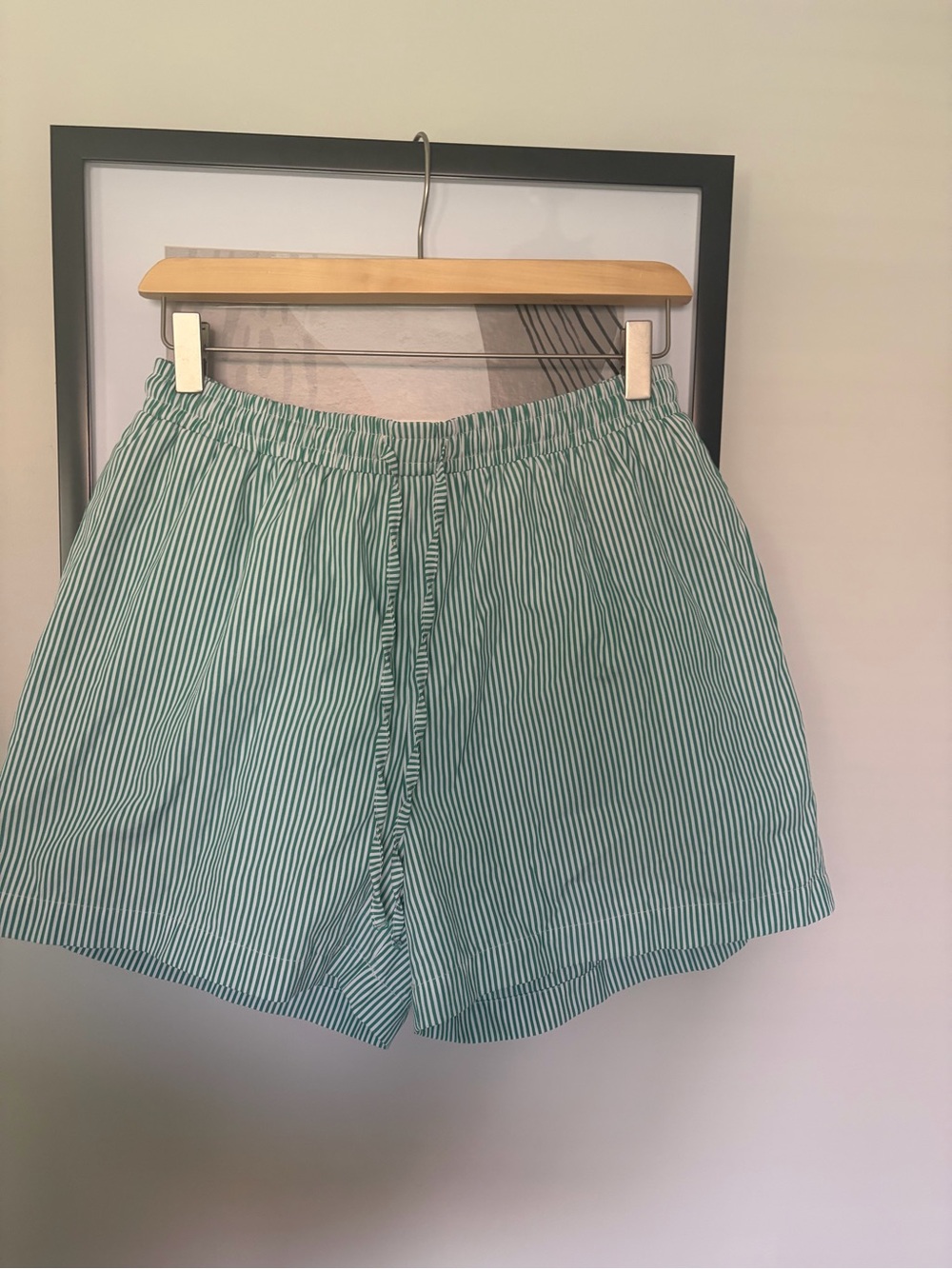 Women’s Green and white striped linen shorts